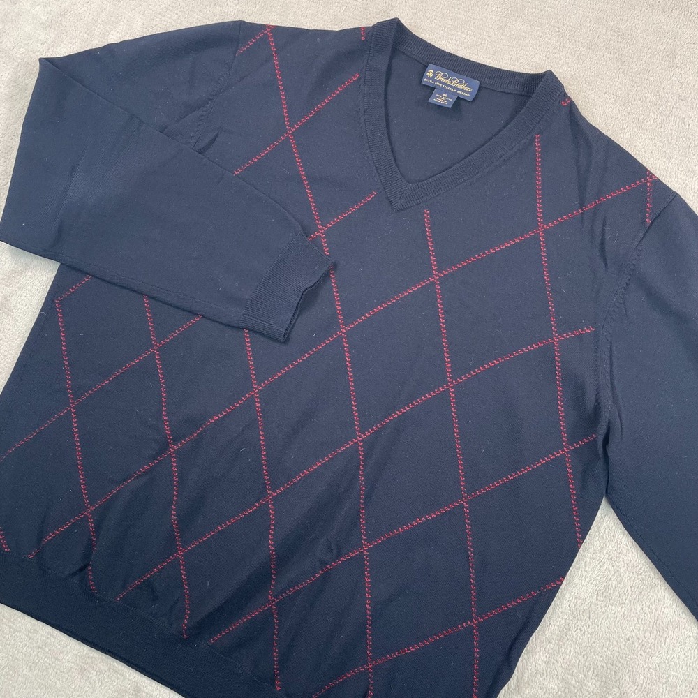 Vintage Brooks Brothers Sweater Men XL Navy‎ Blue 100% Wool Red Diamond V Neck